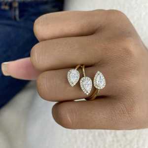 Anillo de oro macizo de 14 quilates con diamantes cultivados en laboratorio, corte pera y redondo, diseño de tres bandas con forma de hoja, para unisex, regalo para pareja. - Product Image 2