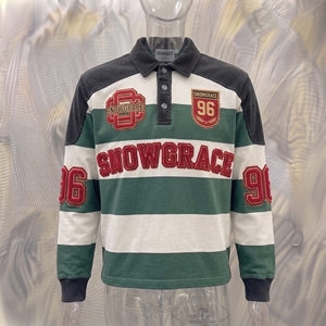 Snowgrace Striped Rugby Shirt Short Sleeve Turn-down Collar Relaxed Fit Boys Spring Summer Breathable Embroidered Logo - Product Image 3