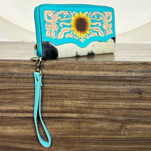 Nueva Cartera de Cuero de Vaca Grabada a Mano con Diseño de Girasol, con Correa de Muñeca Desmontable, Tarjetero Floral y Monedero con Cremallera para Mujer - Product Image 4
