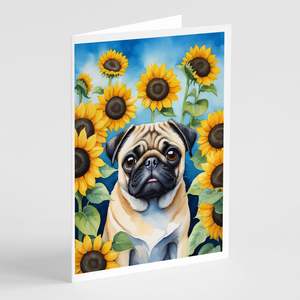 Whimsical Pug in Sunflowers A7 Size <b>5x7</b> Blank Note Cards Pack of 8 with <b>Envelopes</b> Greeting Cards - Product Image 1