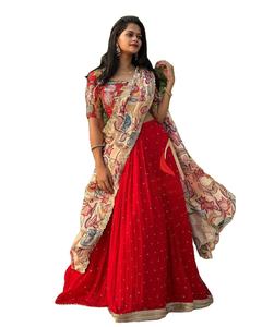 Esta temporada festiva usa Chinnon suave con hermoso espejo con estampado de Kalamkari y trabajo de piedra Fancy Lahenga Choli para mujer - Product Image 1