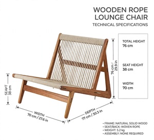 Sillón de Madera de Estilo Moderno de Mediados de Siglo con Respaldo de Mimbre Natural, Patas Cónicas, Muebles de Patio Ecológicos para Exteriores - Product Image 5
