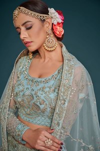 Elegant Zari Embroidered <b>Net</b> Lehenga Choli Sheer Long Sleeve Party Dress With Dupatta for Women - Product Image 2