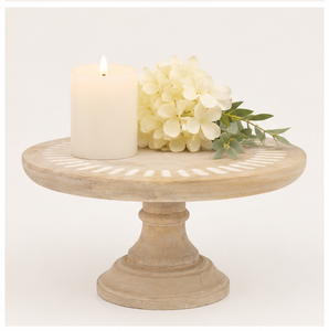 Handcrafted Mango Wood <b>Cake</b> <b>Stand</b> Rustic Whitewash Pedestal With Carved White Inlay Pattern For Farmhouse Wedding Decor Birthday - Product Image 2