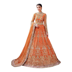 Vestido de Novia Pakistaní Color Naranja, Lehenga Bordada, Conjunto para Mujer para Recepción de Walima, Talla Grande, Cintura Natural, Traje de Boda - Product Image 6