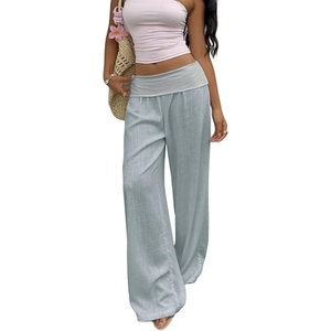 Pantalon en lin plissé taille basse pour femme, coupe large, décontracté, idéal pour les vacances - Product Image 1