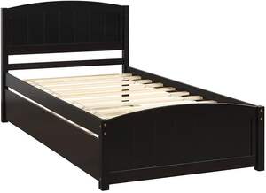 Traditional Design Solid <b>Wood</b> Twin Size Platform <b>Bed</b> & Walnut Finish Trundle Walnut Finish <b>Wood</b> <b>Bed</b> Frame with Trundle - Product Image 3
