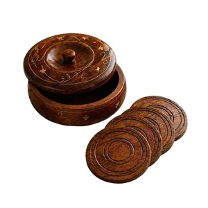 Premium Round Wood <b>Coaster</b> Set Vintage Wooden <b>Drink</b> Cup Mat with Storage Holder Box Durable Restaurant Cafe Bar Tableware - Product Image 1