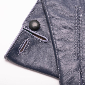 Womens Handmade Blue Gray Leather <b>Gloves</b> Green Trim Soft Winter Full Finger Outdoor Party Elegant Driving Warm Lined Snap - Product Image 3