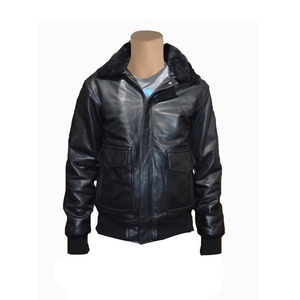 Blouson aviateur en cuir véritable pour homme, col en fausse fourrure, coupe-vent, style motard, veste d'hiver décontractée avec fermeture éclair - Product Image 3