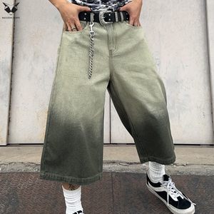 2026 Fashion Men's <b>Green</b> Gradient Wash <b>Denim</b> Jorts Vintage Loose Fit Wide Leg <b>Denim</b> <b>Shorts</b> Streetwear Custom Logo Cargo Jorts - Product Image 5