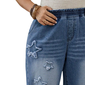 Womens Light Blue Denim Jogger <b>Jeans</b> Breathable <b>Elastic</b> <b>Waist</b> Star Patch Ankle Length Casual Straight Leg Washed Pants Spring - Product Image 3