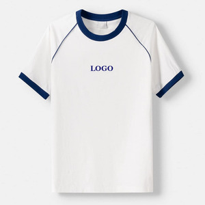 Men's <b>White</b> Raglan Sleeve T-Shirt With Blue Contrast Trim Regular Fit O-Neck Casual Jersey Cotton Top Front Logo Print - Product Image 3