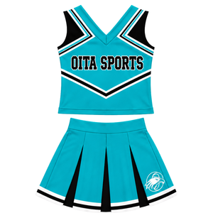 Uniforme de cheerleading turquoise, noir et blanc, sans manches, col en V, haut court, jupe plissée, tenue de danse pour équipe de cheerleading - Product Image 2