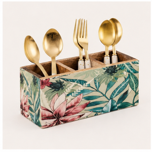 Handcrafted Mango Wood Cutlery Holder With 3 Compartments Floral <b>Printed</b> Wooden Spoon Stand For Kitchen & Dining Table Organizer - Product Image 2