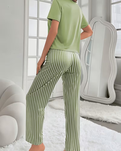 Women Soft Jersey Casual Pajama Set Short Sleeve Printed Top and Striped Pants Lounge Sleepwear Spring Summer - Product Image 5