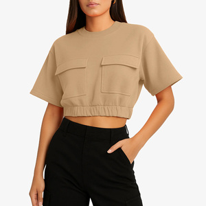 <b>Bubbles</b> Summer Crop <b>Top</b> Pink Short Sleeve Crew Neck Loose Fit Solid Color Pocket Detail Casual Wear Spring Cropped T-Shirt - Product Image 6