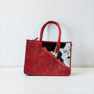 Bolso de Hombro de Cuero Genuino Rojo con Parche de Piel de Vaca, Grabado Floral, Cierre de Cremallera, Estilo Vintage, Uso Diario - Product Image 3