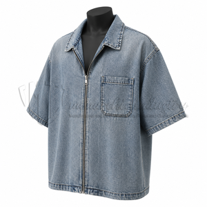 Camisa de Trabajo Casual de Manga Corta con Cierre Completo, de Mezclilla Azul Claro, Personalizada para Hombre, Primavera, Fabricante de Marca Privada ODM - Product Image 3