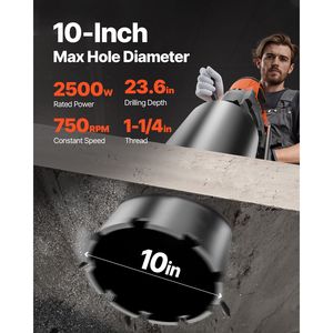 Macchina per Foratura Diamantata da 10 Pollici con Supporto e Ruote per Trapano a Umido per Calcestruzzo 750 RPM, Filettatura da 1 1/4 Pollici - Product Image 2