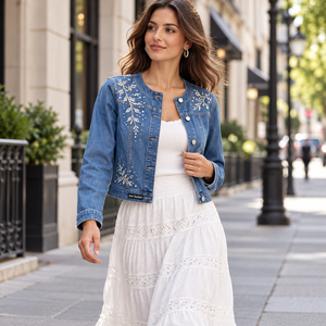 Veste en jean brodée florale pour femme, coupe courte, manches longues, style camionneur, décontractée printemps, prix de gros, conception personnalisée OEM - Product Image 3