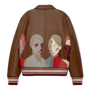 Blouson aviateur en cuir PU marron avec imprimé portrait féminin, col rabattable, fermeture éclair, style vintage pour homme, automne - Product Image 2