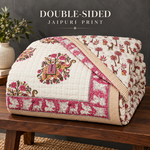 Couette imprimée au bloc de Jaipur |   Couvre-lit réversible en coton King Size avec rembourrage en coton pur, couvre-lit matelassé à la main, couvre-lits de qualité supérieure - Product Image 4