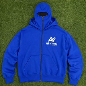 Premium Oversized Blue Balaclava Hoodie for Men Full <b>Zip</b> Heavyweight Cotton Fleece <b>Hooded</b> Sweatshirt Custom Logo Streetwear OEM - Product Image 6