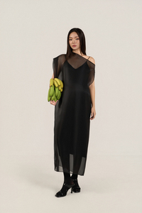 Women's <b>Red</b> <b>Silk</b> Organza Dress, Asymmetrical Shoulder, Voile, Loose Straight Fit, Elegant Minimalist Casual Style - Product Image 2