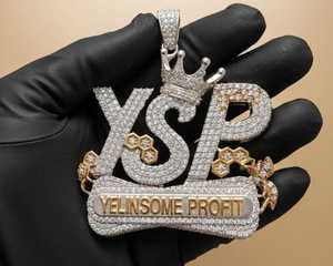 Pendentif Moissanite entièrement serti de pierres, en argent sterling 925 plaqué or 18 carats, breloque lettre couronne, bijoux hip-hop pour hommes - Product Image 1