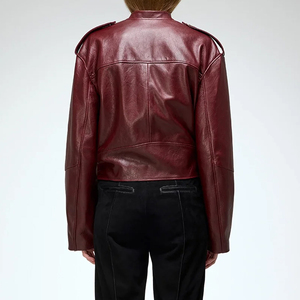 Veste en cuir véritable pour femme, col montant, manches longues, fermeture boutonnée, couleur unie, style automne - Product Image 2