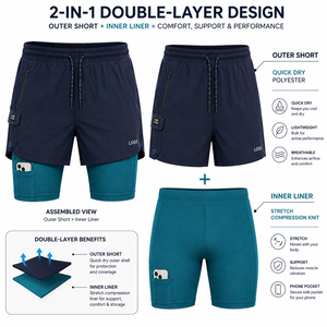 Men's Double <b>Layer</b> Running Shorts Elastic Drawstring Waist Zip Pockets Custom Logo Sporty Style Quick Dry Spandex Polyester - Product Image 3