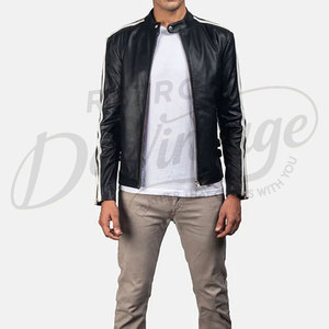 Chaqueta de Cuero Genuino para Hombre, Estilo Motero, Color Negro, con Rayas Blancas en las Mangas, Corte Ajustado, Estilo Racing, Ropa de Invierno - Product Image 4