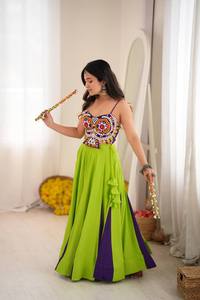 Wholesale Indian Women Lime Green Purple Dual Tone Kalidar Flared <b>Lehenga</b> Chaniya Choli Kutchi Real Mirror Work Strap <b>Crop</b> <b>Top</b> S - Product Image 3