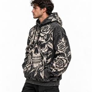 Sudadera con capucha para hombre con lavado ácido, estilo gótico con estampado de calavera y rosas, vintage, con bolsillo canguro - Product Image 4