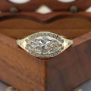Marquise Cut Diamond Halo Engagement <b>Ring</b> in Solid Yellow Gold Vintage Inspired Bridal <b>Ring</b> Pave Diamond Statement <b>Fine</b> <b>Ring</b> - Product Image 1
