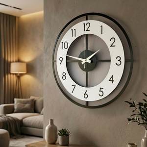 Large Silent Wooden Wall <b>Clock</b> 50cm | Modern Minimalist Black <b>White</b> Decor - Product Image 1