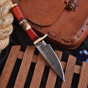 Cuchillo de caza Skinner de acero de Damasco al por mayor, hecho a mano, hoja fija, punta caída, mango de cuerno de ciervo y madera, 8 pulgadas, logotipo personalizado - Product Image 3