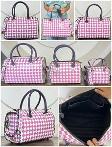 Stylish Large Checkered Speedy Bag Women's Hand <b>Tooled</b> <b>Leather</b> Travel Handbag Fashion Duffel Bag Designer Everyday Carry Purse - Product Image 3