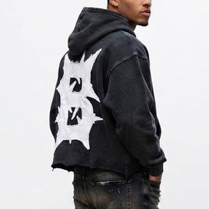 Men's Oversized Hooded Sweatshirt Black <b>White</b> Letter Print Streetwear Style Back Logo Cotton French Terry Regular Autumn Wear - Product Image 3