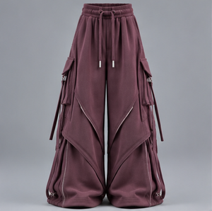 Pantalones Cargo Borgoña de Pierna Ancha para Hombre con Bolsillos Laterales, Cintura Elástica con Cordón, Estilo Urbano - Product Image 1