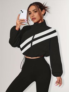 Conjunto Deportivo a Rayas con Corte y Costura para Mujer |   Conjunto Deportivo de Chaqueta de Cuello Alto y Leggings de Cintura Alta - Product Image 6