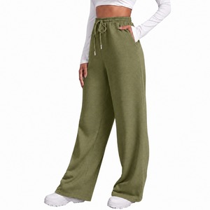 Pantalon large taille haute rouge tissé délavé avec cordon de serrage, taille élastique, longueur intégrale, couleur unie, décontracté, respirant, coupe ample pour femme - Product Image 5