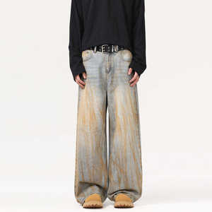 Jean droit personnalisable style vintage streetwear pour homme, en denim délavé, coupe baggy, style Y2K hip-hop, effet boue, pour hiver et automne - Product Image 1