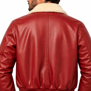 Blouson Bomber Homme en Cuir Véritable Rouge Respirant Écologique Coupe-Vent Hiver Moto Col Fourrure Fermeture Éclair Avant - Product Image 6