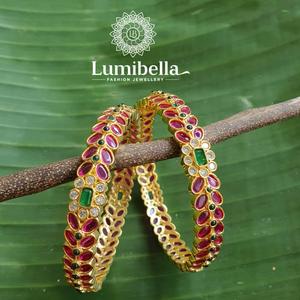 <b>Ruby</b> Floral Golden Bangles-Trendy Vintage Copper & Brass <b>Bracelets</b> with Zircon Pearl & Diamond Inlay - Product Image 2