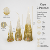 Ensemble de trois lampes coniques en métal à piles avec paillettes dégradées or et blanc pour la décoration de table de Noël