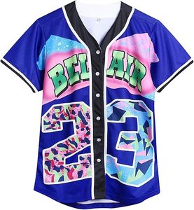 Women,Unisex Hip Hop Outfit for Party,Bel Air Baseball Jersey,Short Sleeve Button <b>Down</b> Shirt - Product Image 5