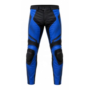 Men's Blue Black Color Blocked Leather Moto Biker <b>Pants</b> Mid Waist Breathable Lightweight Knee <b>Pads</b> Casual Fit Winter Style 2027 - Product Image 1