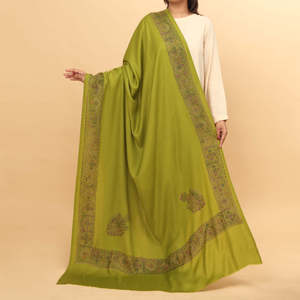 Women Kashmiri Shawl Olive Green Floral Embroidered Border Long Lightweight Winter <b>Wrap</b> Daily Use Traditional Scarf - Product Image 1